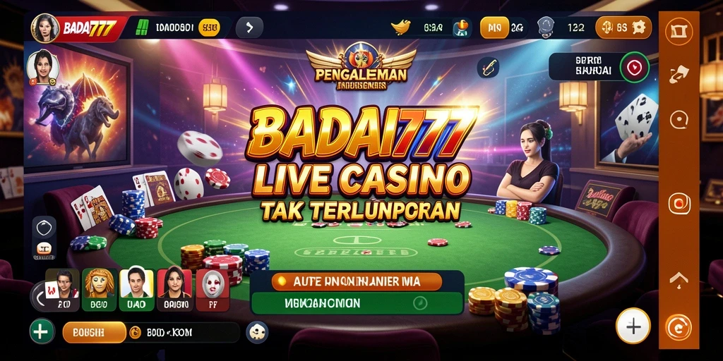 Screenshot gameplay BADAI777 dengan dealer profesional dan suasana kasino yang nyata.